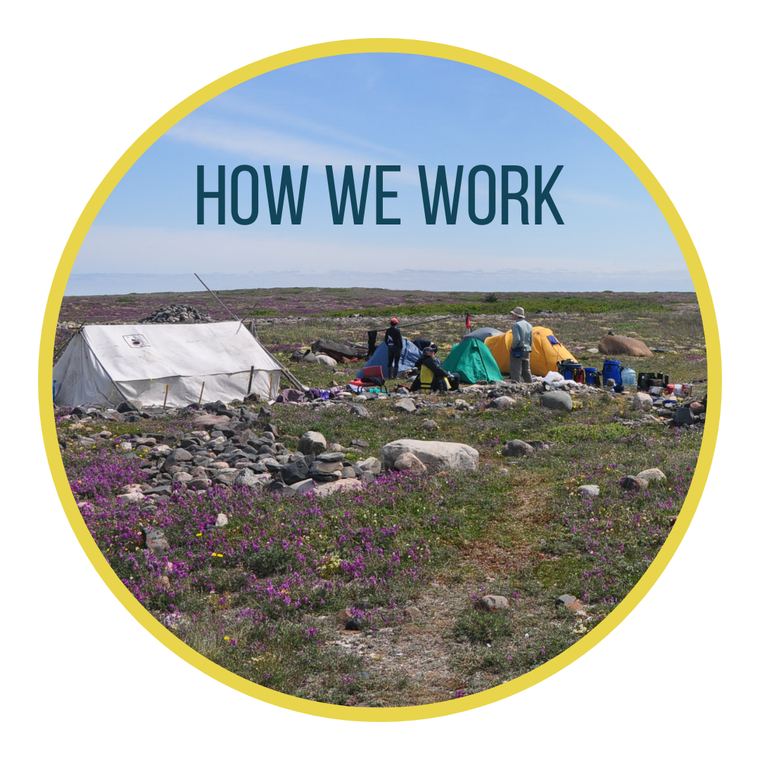 How we work button; featuring a temporary camp set up in the tundra with several people gathered.
